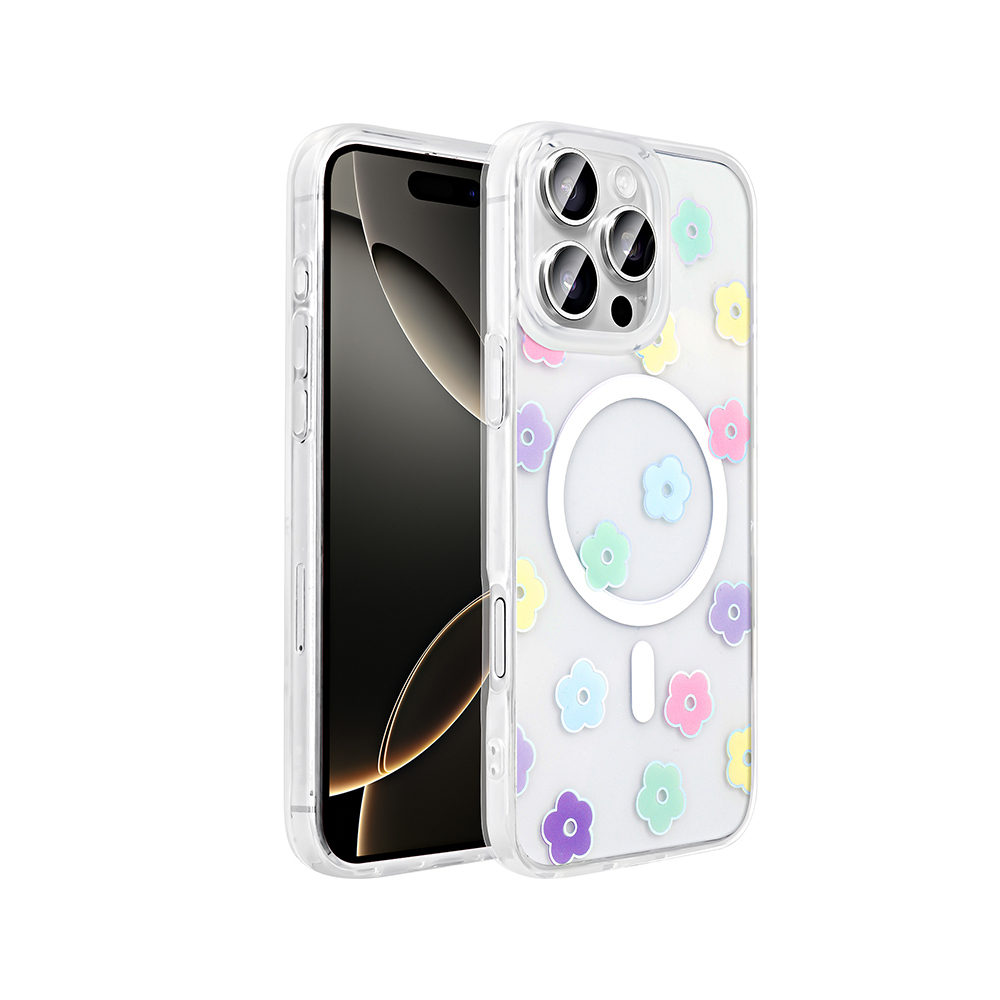 Renkli çiçek desenleriyle süslenmiş şeffaf bir kılıfa sahip bir iPhone. Telefon, koyu renkli bir ekran görüntülüyor.