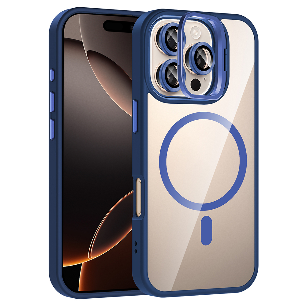 Mavi ve şeffaf telefon kılıfı bir telefonun üzerinde. Kılıfın mavi çerçevesi, şeffaf arka kısmı ve mavi bir daire deseni var.