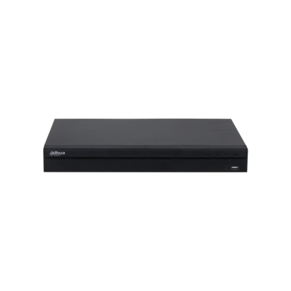Un dispositivo DVR Dahua nero su sfondo bianco. Il dispositivo ha il logo Dahua. È rettangolare con parte frontale perforata.