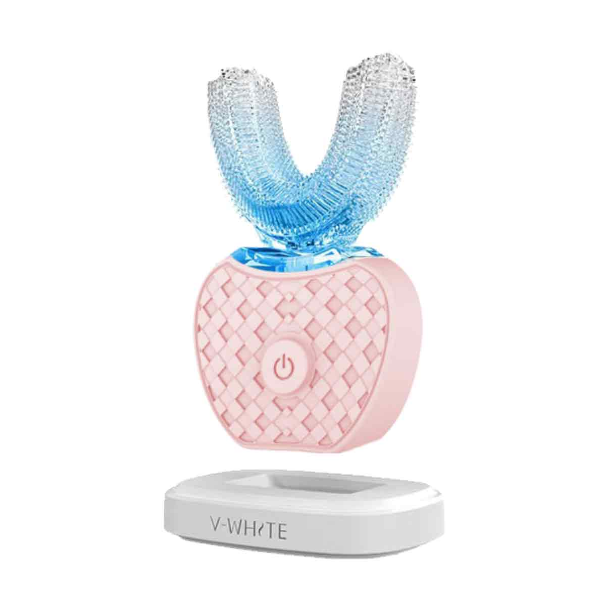Eine rosa und blaue V-förmige Zahnbürste. Die Basis ist rosa mit einem Einschaltknopf. Sie steht auf einer weißen Basis mit dem Markennamen.