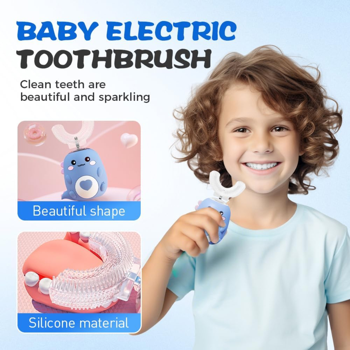Ein Kind hält eine blaue elektrische Zahnbürste. Text sagt 'Baby elektrische Zahnbürste'. Bilder zeigen die Bürste und das Silikonmaterial.