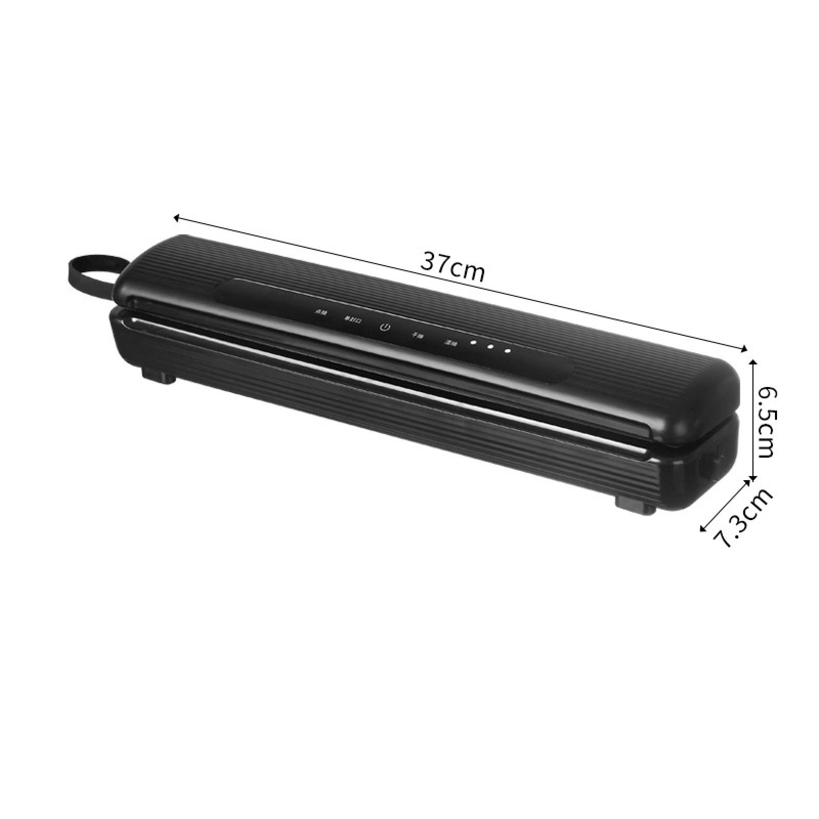 Ein schwarzes Vakuumiergerät mit Maßangaben. Es ist 37 cm lang, 6,5 cm hoch und 7,3 cm breit. Es hat einen Griff.