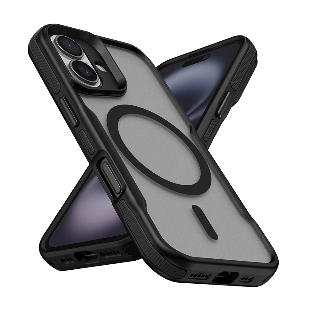 İki siyah ve şeffaf telefon kılıfı. Biri önde, siyah bir halka ile arkasını gösteriyor, diğeri arkada.