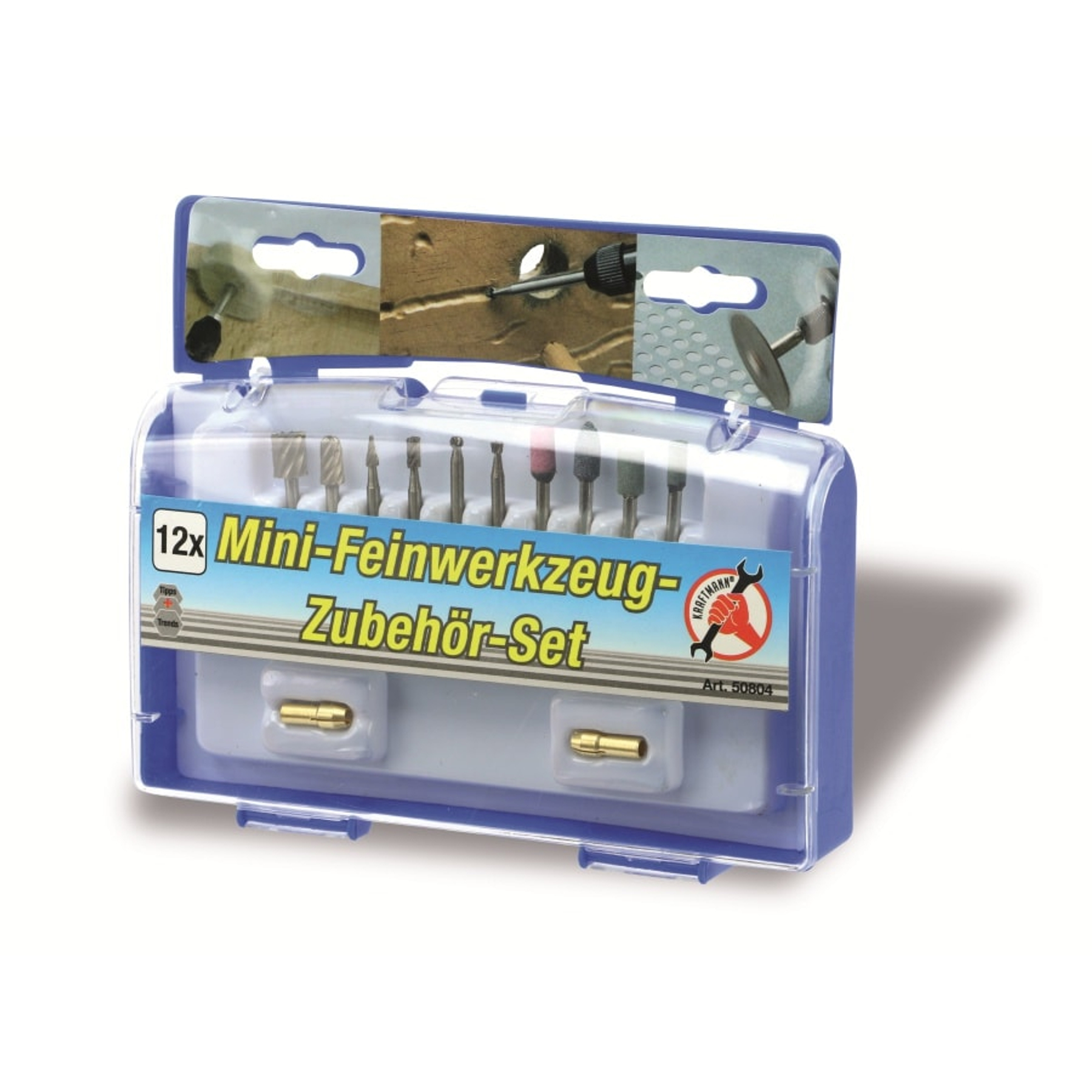 Ein durchsichtiger Kunststoffkoffer enthält 12 Mini-Präzisionswerkzeugbits. Der Koffer hat einen blauen Rahmen und einen Kartondeckel.