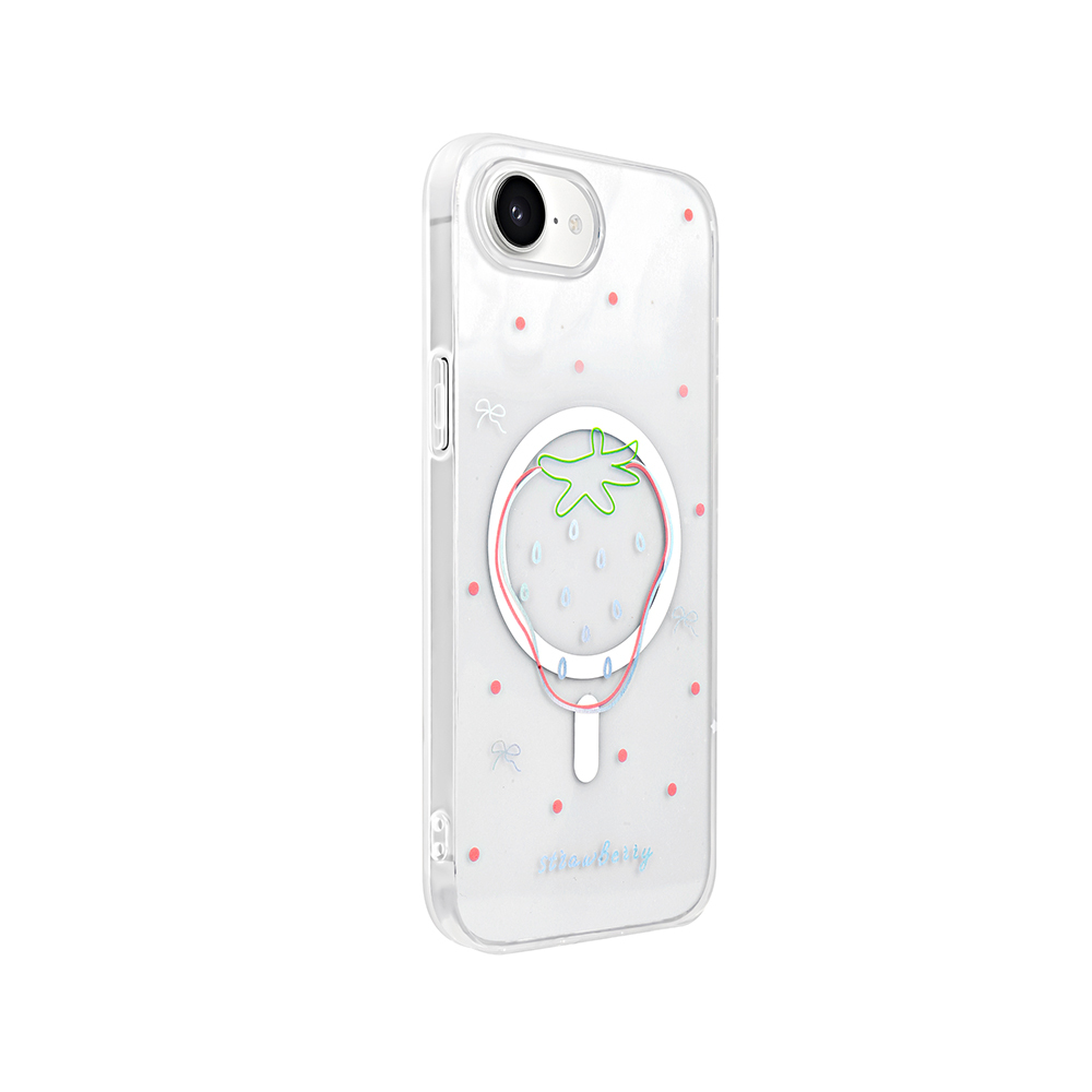 Çilek tasarımlı şeffaf telefon kılıfı. Tasarım, yeşil bir çilek ana hattı, kırmızı ve mavi vurgular ve küçük pembe noktalar içerir.