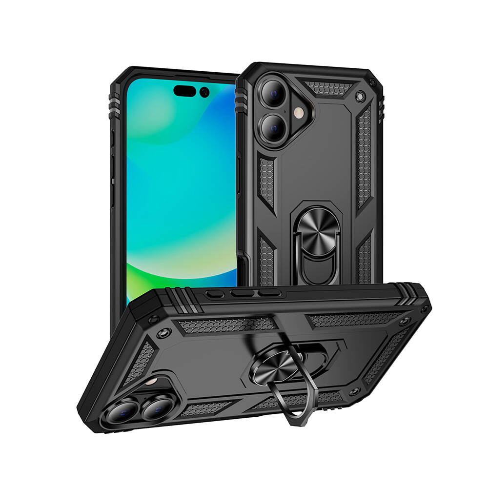Üç siyah telefon kılıfı sergileniyor, biri dik, ikisi eğik. Her kılıfın bir kamera kesimi ve bir halka tutucusu var.