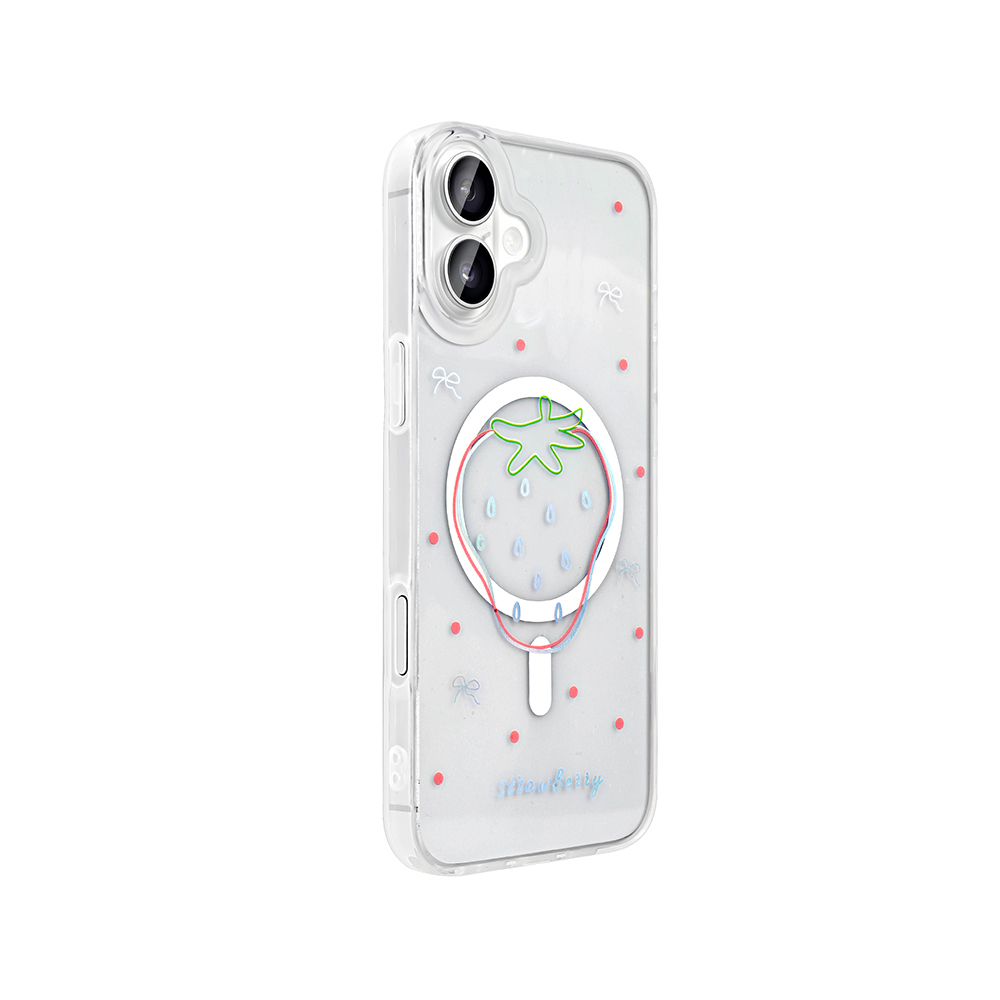 Çilek desenli şeffaf bir iPhone kılıfı. Çileğin yeşil üst kısmı, kırmızı konturu ve mavi su damlaları var. Kırmızı noktalar ve yaylar var.