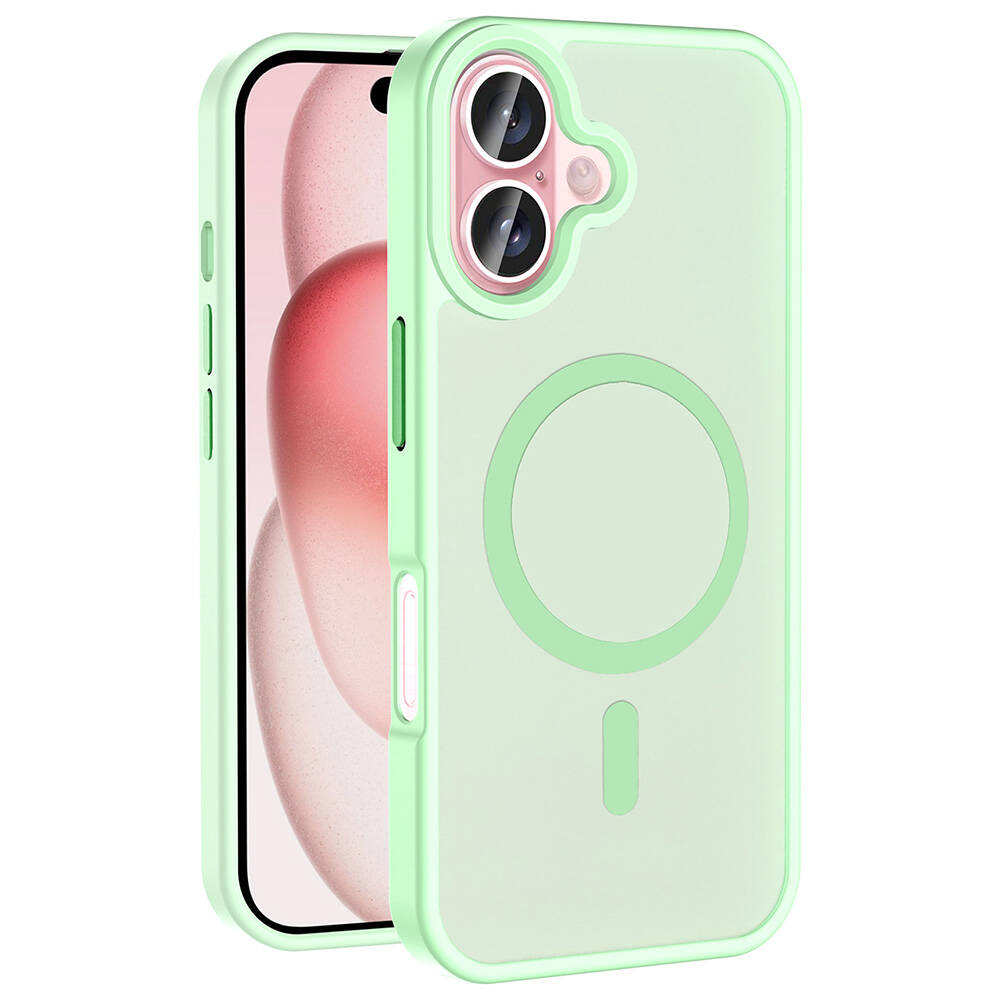 Pembe kamera modülüne sahip yeşil bir telefon kılıfı. İçinde pembe ve beyaz ekranlı bir telefon var. Arkada bir daire ve bir çizgi var.