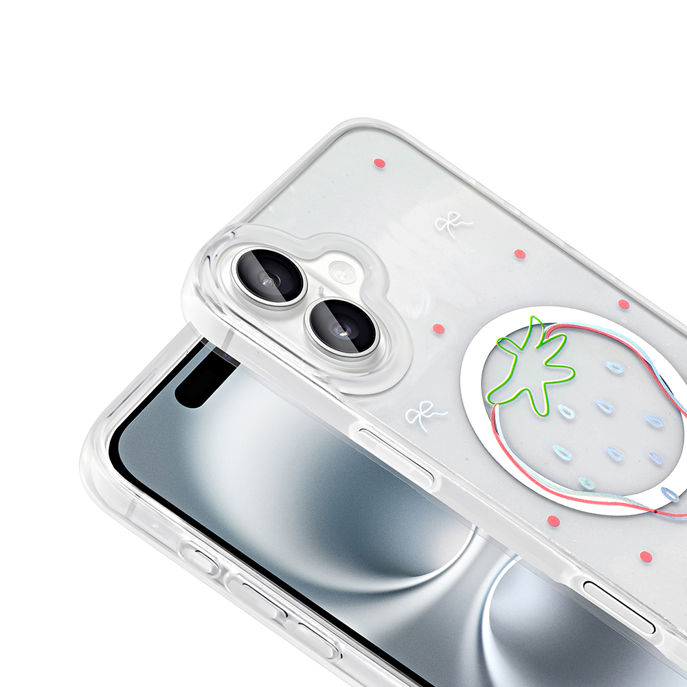 Çilek desenli şeffaf telefon kılıfı. Kılıf bir telefonun üzerinde. Arka planı noktalar ve yaylar süslüyor.