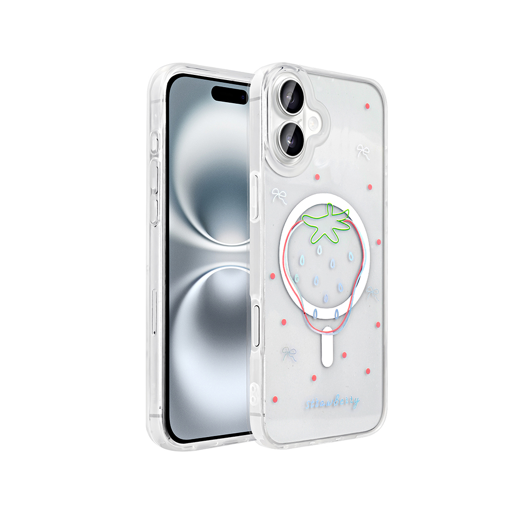 Bir iPhone'da çilek tasarımlı şeffaf bir telefon kılıfı. Çilek yeşil saplı, mavi damlalı ve kırmızı konturludur.