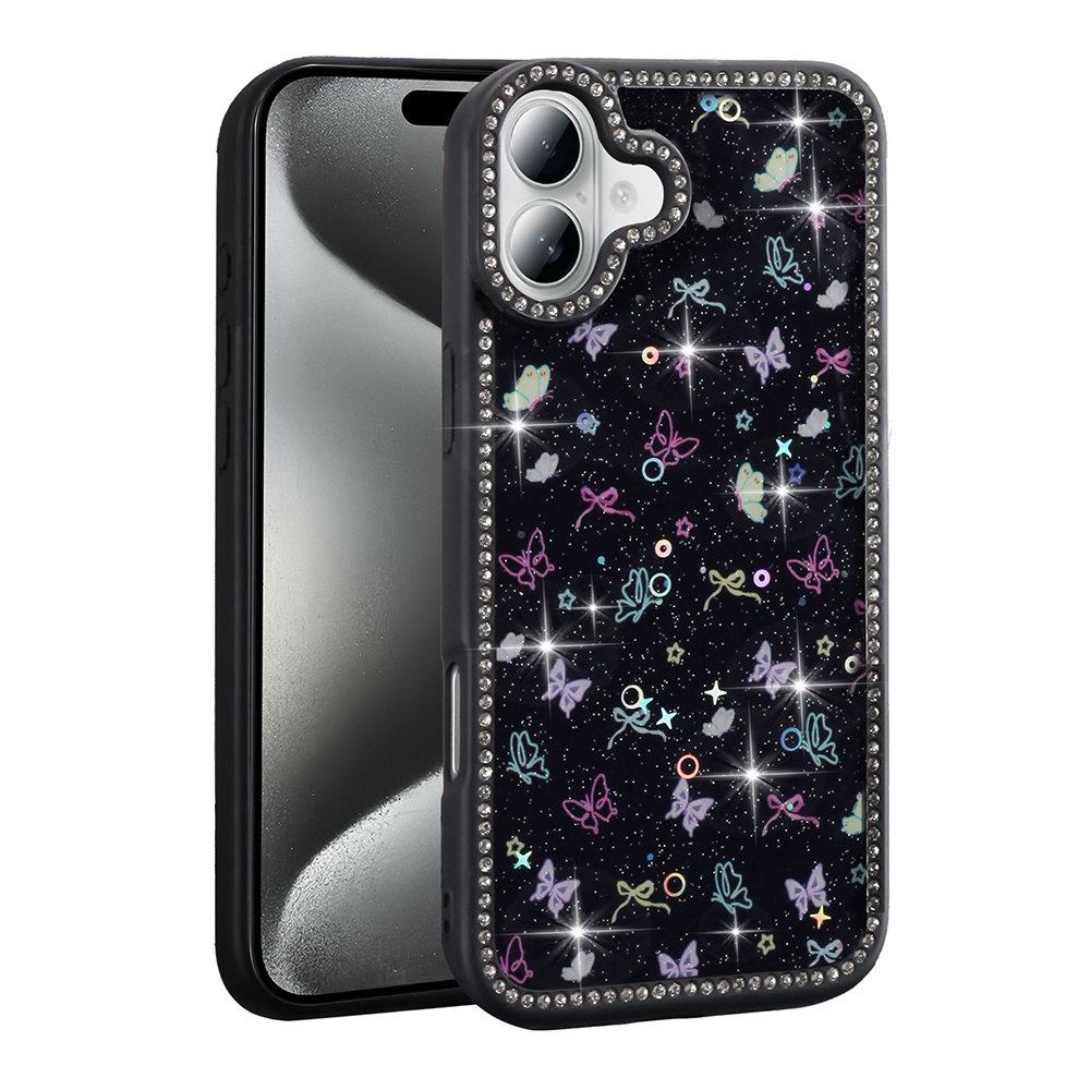 Rhinestone ve kelebek desenleriyle süslenmiş siyah telefon kılıfı. Kılıf bir telefonda. Arka plan beyaz.