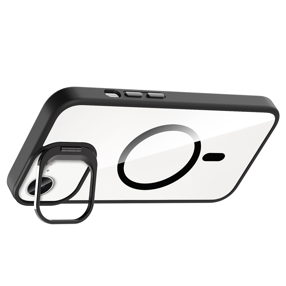 Beyaz arka yüzü olan siyah bir telefon kılıfı. Arkada siyah bir halka var. Kamera için siyah bir halka açık. Telefon açılı.
