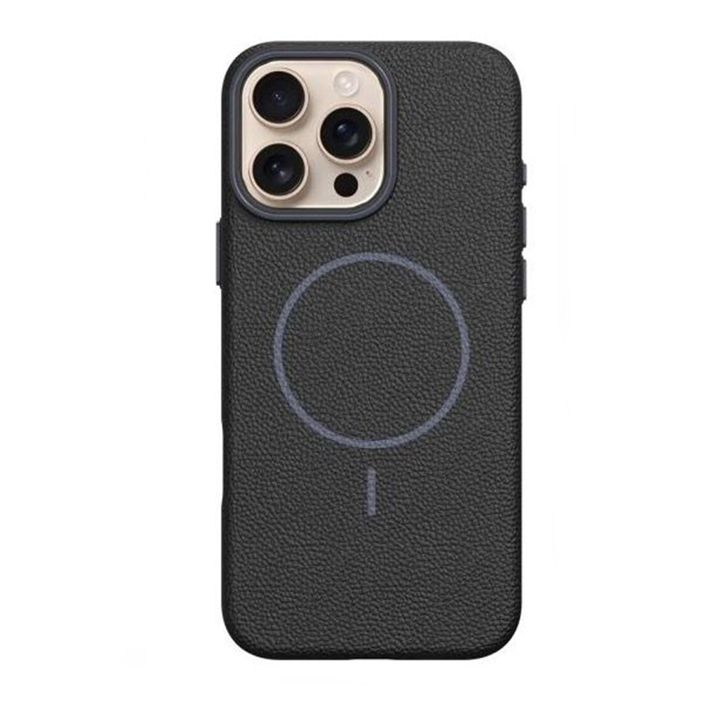 GPACK iPhone 15 Pro Max Uyumlu Lichee M-Safe Şarj Özellikli Deri Desen Telefon Kılıfı Siyah