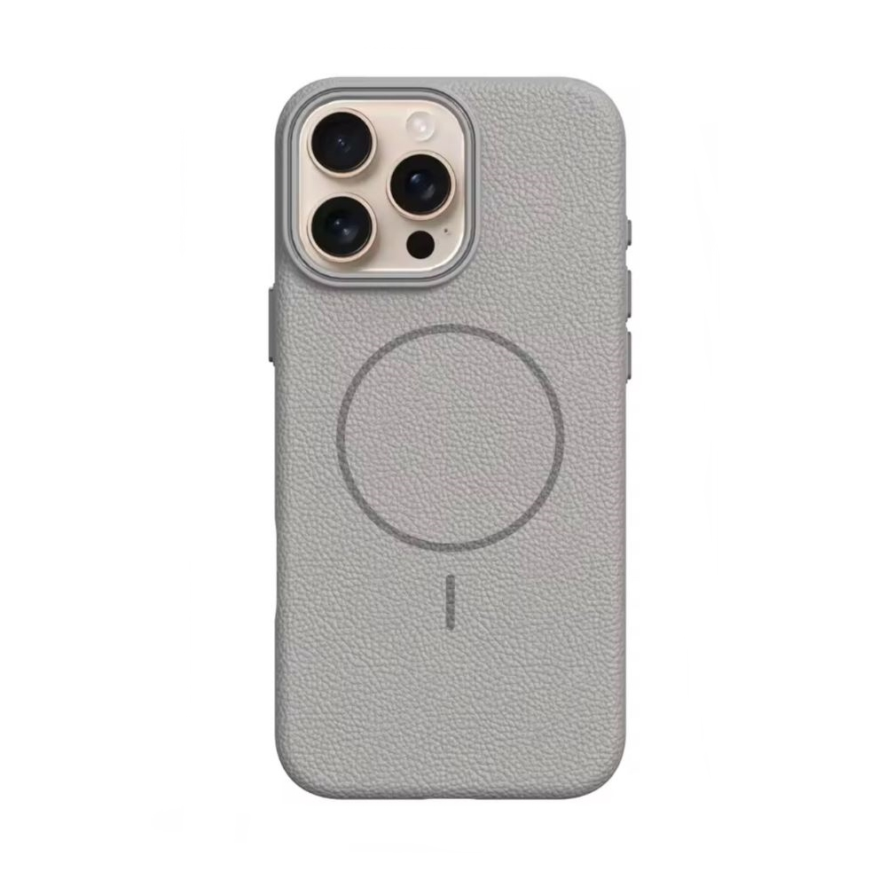 GPACK iPhone 16 Pro Uyumlu Lichee M-Safe Şarj Özellikli Deri Desen Telefon Kılıfı Gri
