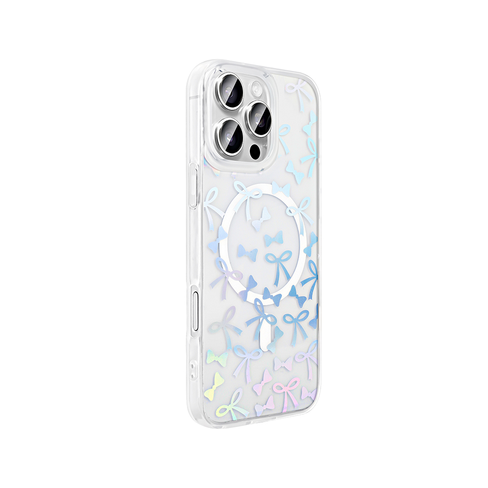 Yay desenli şeffaf telefon kılıfı. Kamera modülü ve dekoratif bir yay çemberi vardır. Yaylar pastel renklerdedir.