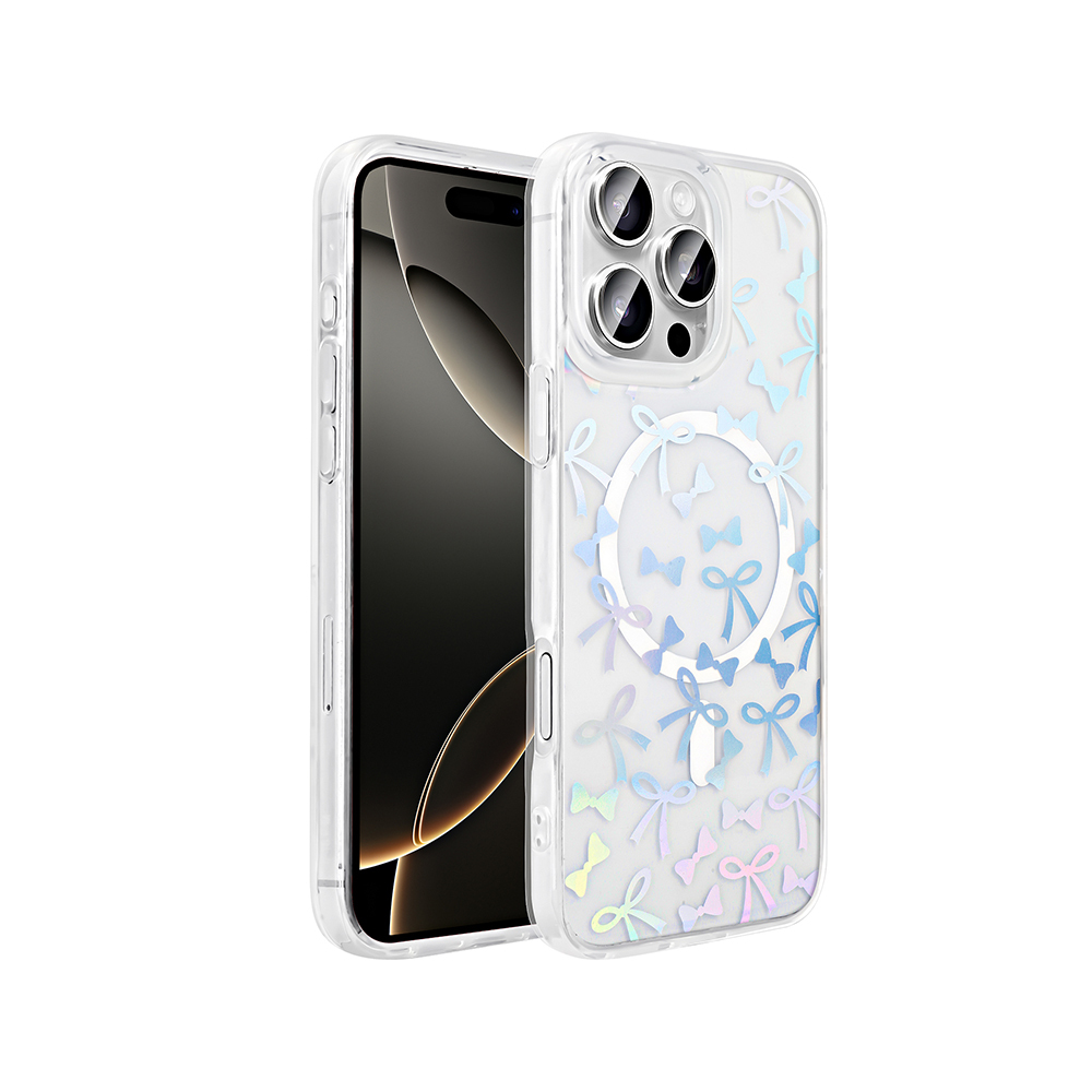 GPACK iPhone 16 Pro Max Uyumlu Folk M-Safe Şarj Özellikli Fiyonk Desenli Telefon Kılıfı Şeffaf