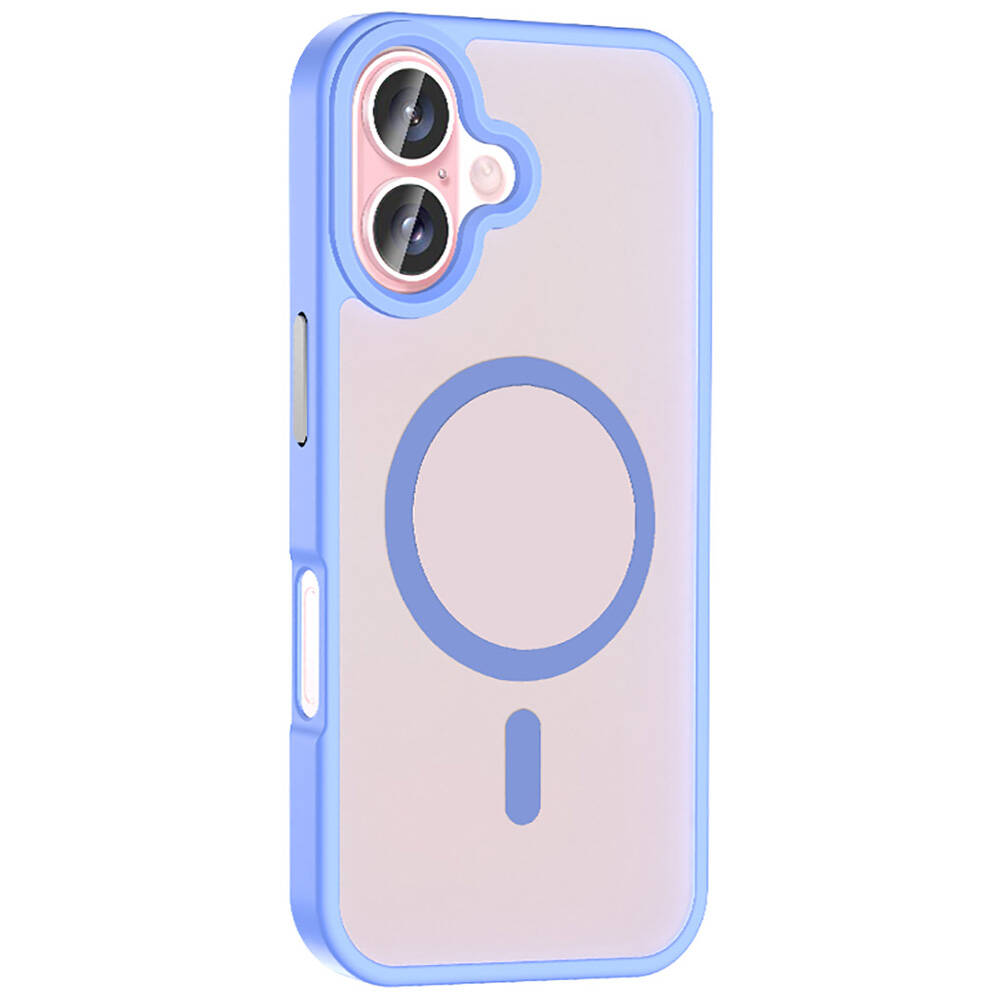 Mavi çerçeveli, pembe arka yüzeyli bir telefon kılıfı. Kamera oyuğu ve çizgi ile mavi bir daireye sahip.