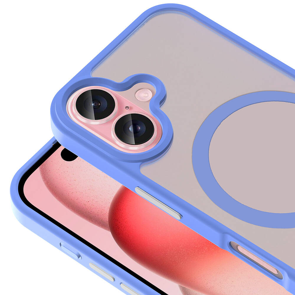 Bir telefon kılıfının yakın çekimi. Mavi bir çerçeve, pembe kamera yuvası ve şeffaf arka yüzüyle telefonun arkasını çevreliyor. Ekran kırmızı rengi gösteriyor.