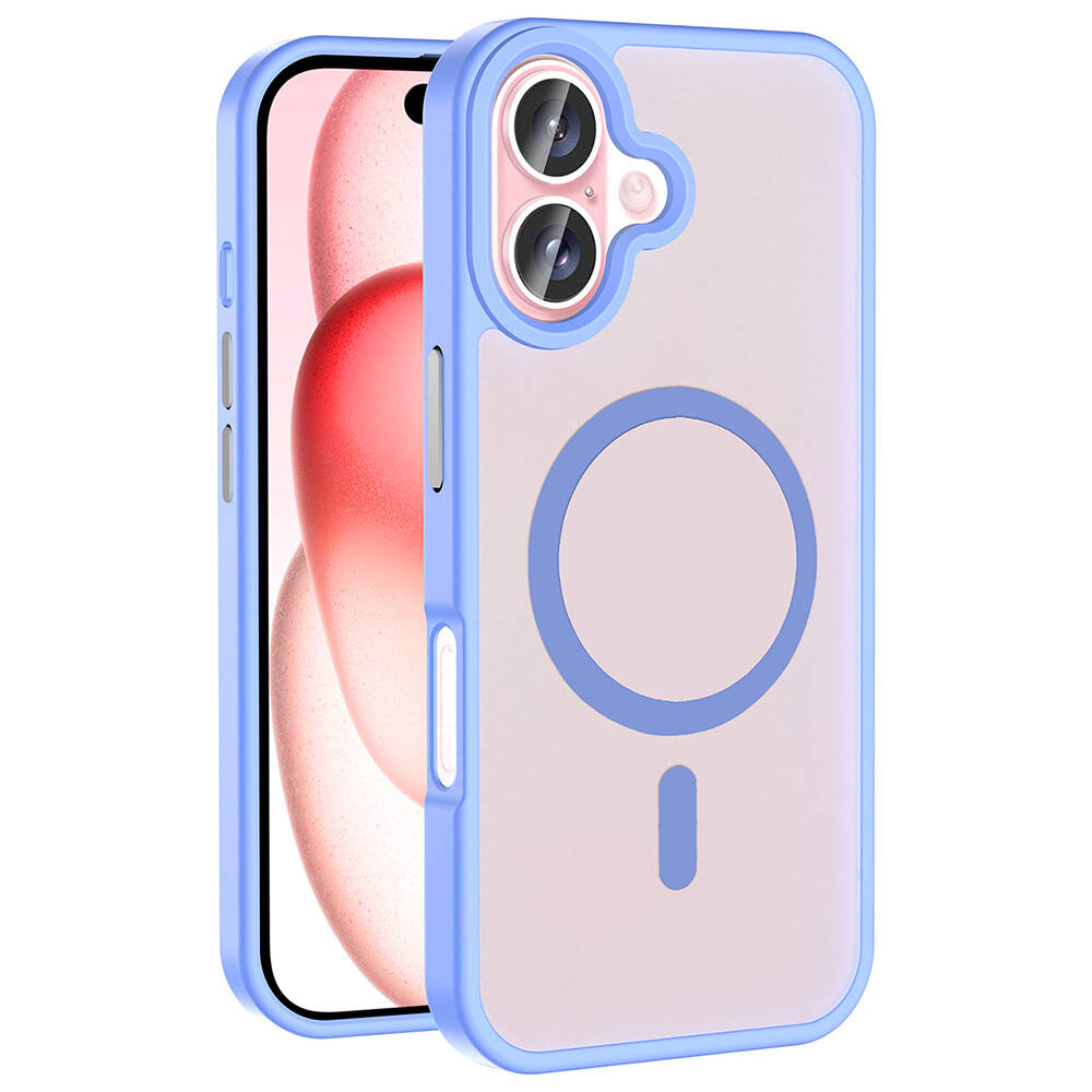 Mavi ve pembe telefon kılıfı. Kılıf, mavi bir çerçeveye ve pembe bir daire ve eksi işareti olan şeffaf bir arka kısma sahiptir.