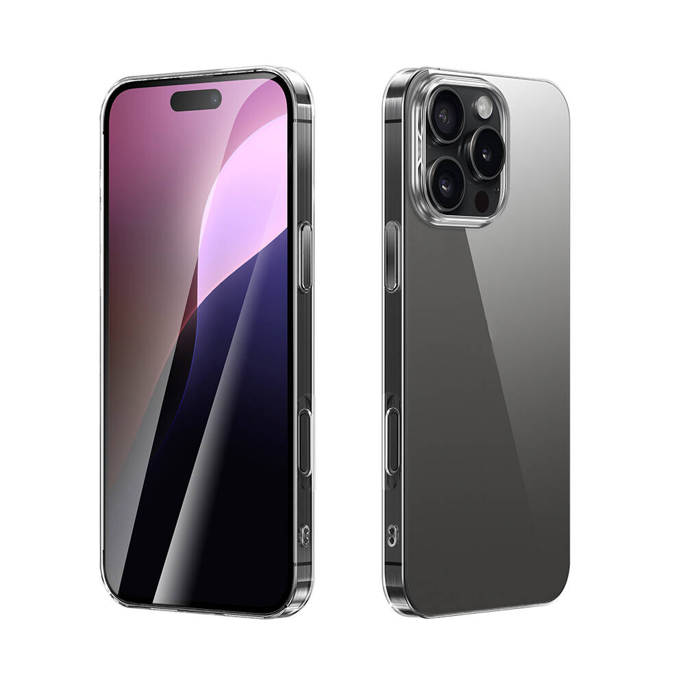 İki iPhone, şeffaf kılıflarda, biri ön yüzü, diğeri kamerasıyla arka yüzü gösteriyor.