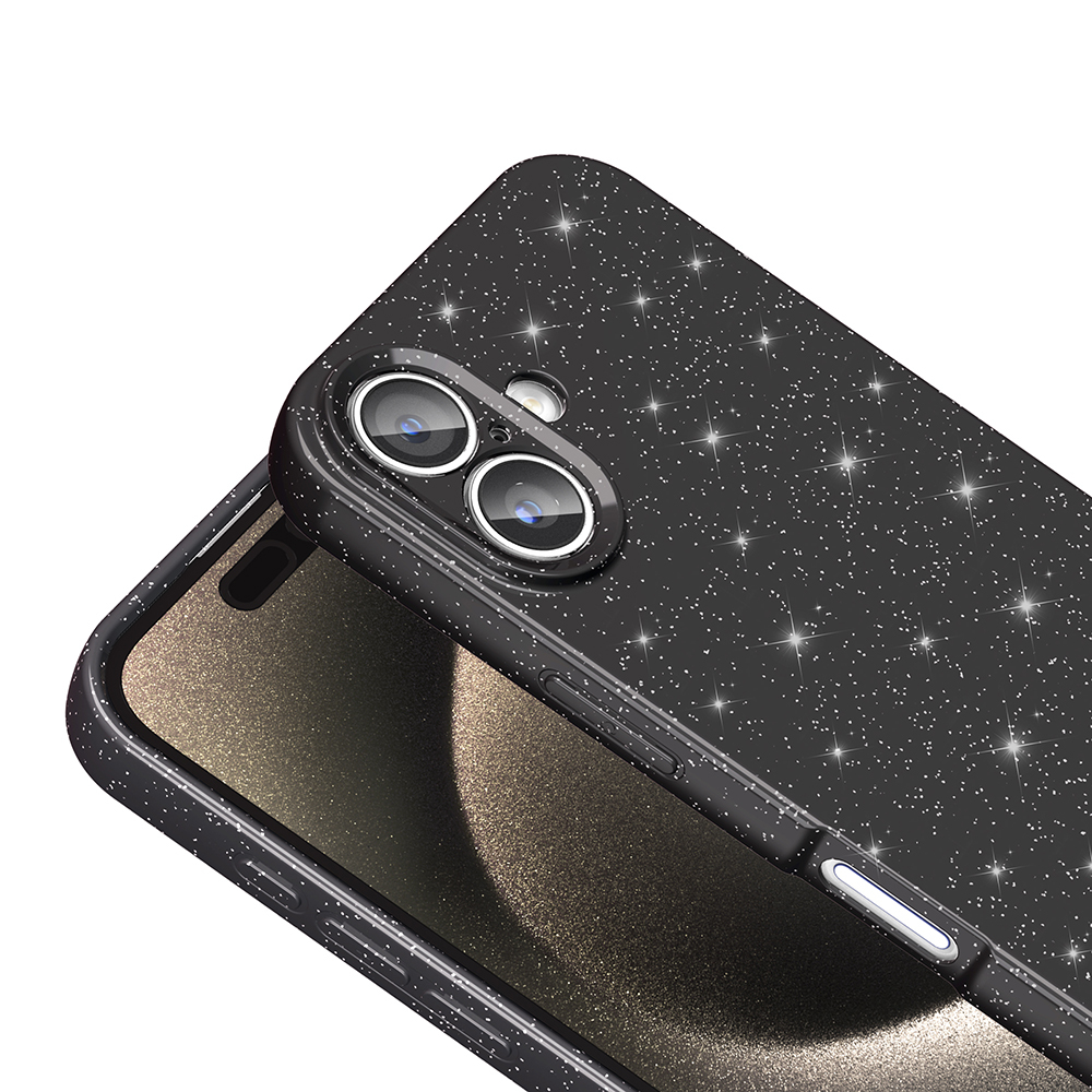 Simli siyah bir telefon kılıfı. Kılıfın bir kamera bölümü ve düğmeleri var. Telefon ekranı görülebilir.
