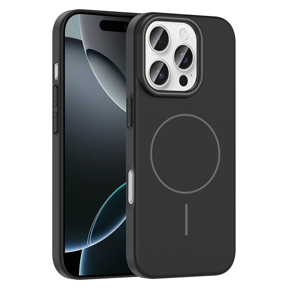 Siyah bir iPhone 14 Pro, siyah bir kılıf ile. Kılıfın altında bir MagSafe çemberi ve bir çizgi var. Kamerada üç lens bulunuyor.