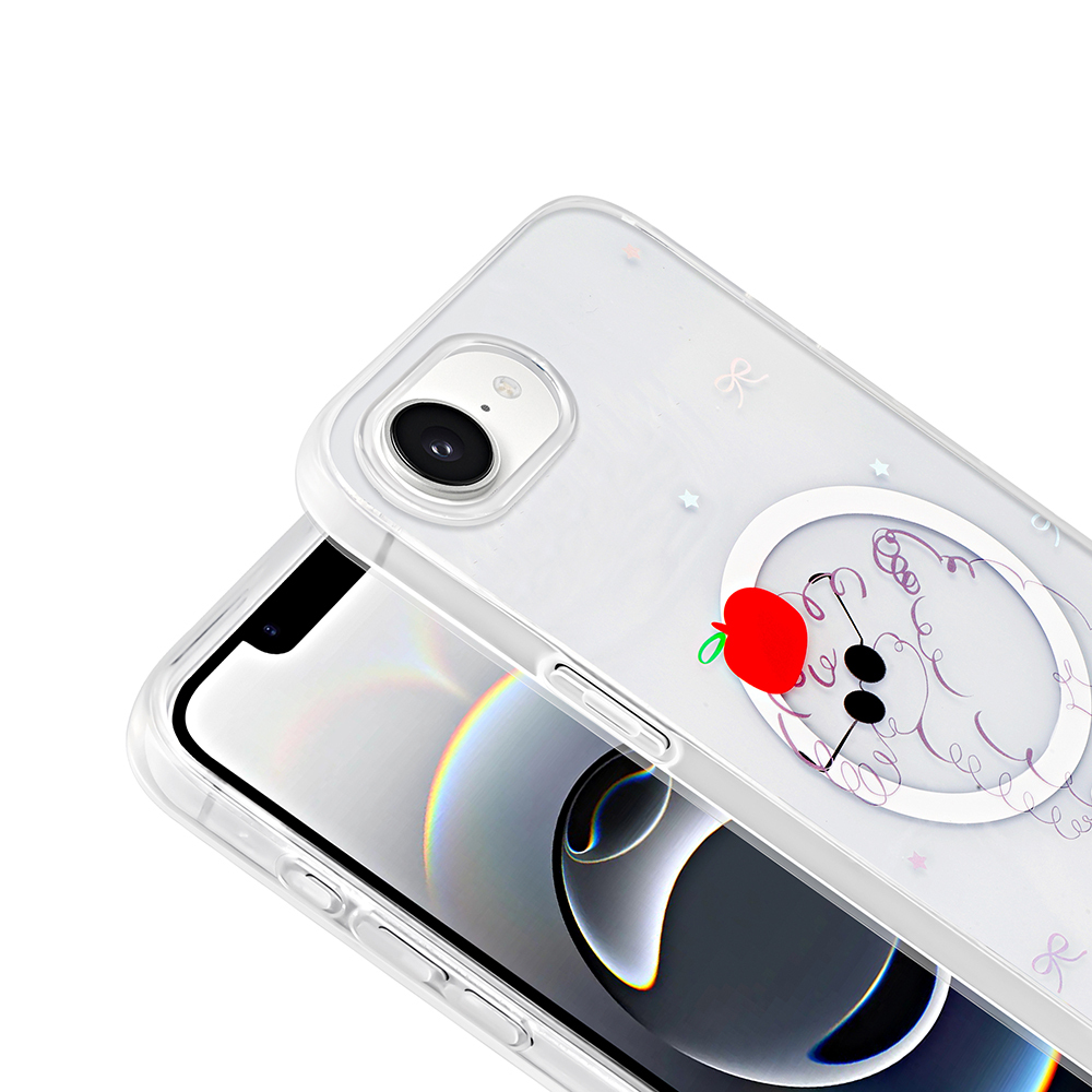 Çizgi film koyun tasarımlı ve kırmızı elmalı şeffaf telefon kılıfı. Telefon ekranı görünür durumda.