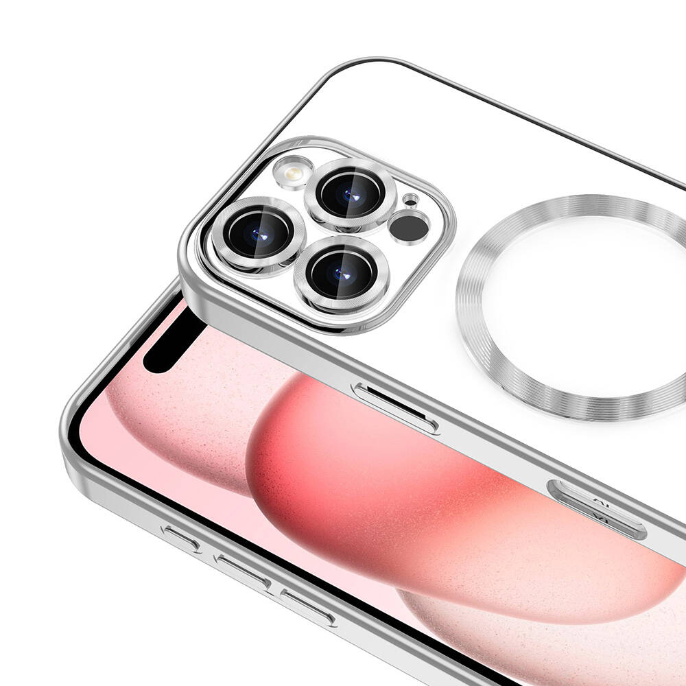 Gümüş çerçeveli şeffaf bir telefon kılıfı. Kılıf, telefonun kamerasını ve ekranını gösterir. Gümüş bir manyetik halka da görülüyor.