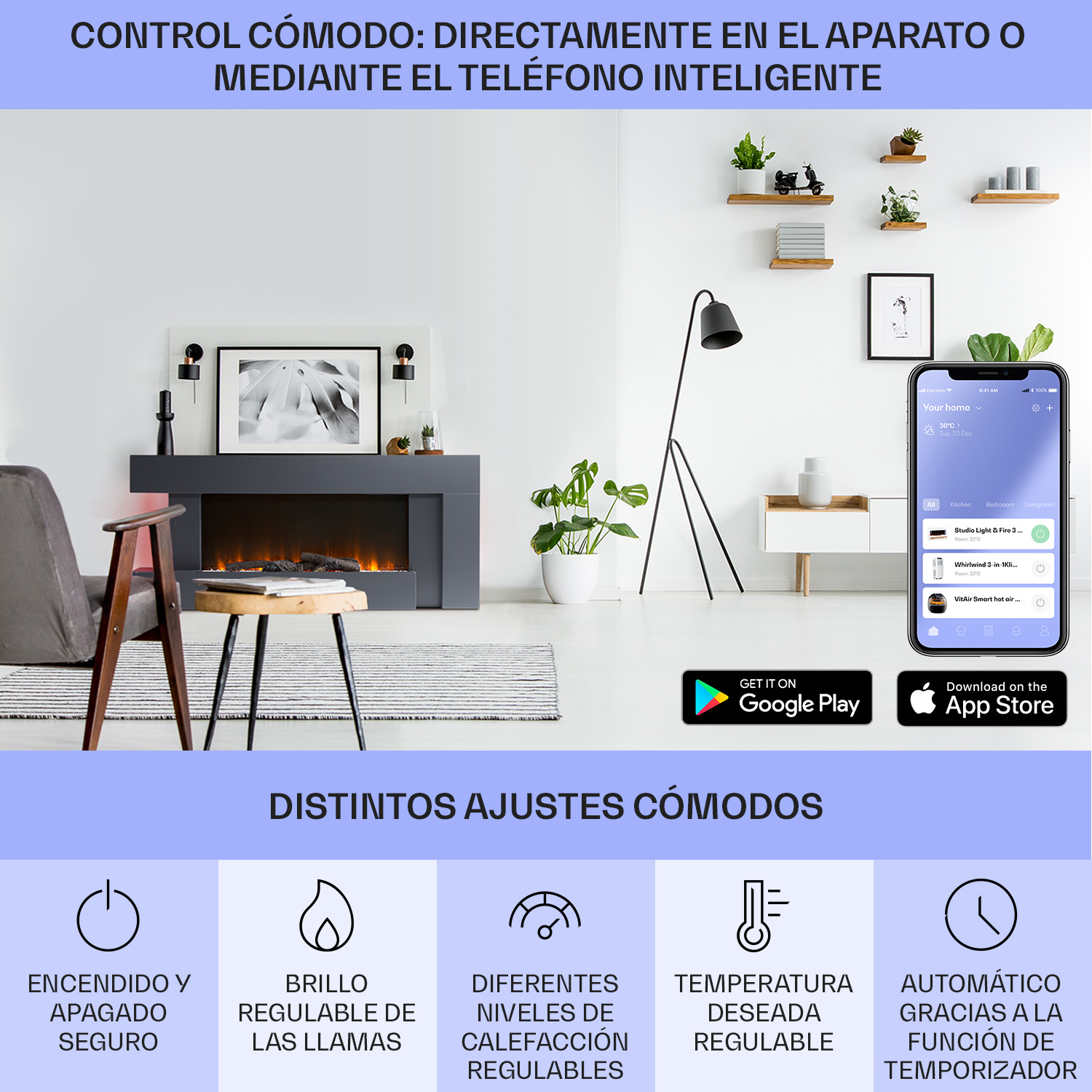 Scena del soggiorno con camino e app per la casa intelligente sul telefono. Include controllo temperatura e regolazione fiamma.