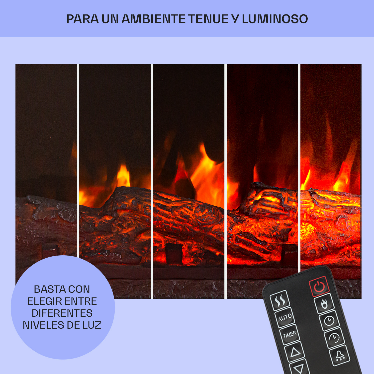 Caminetto elettrico con diversi livelli di luce. Include un telecomando. Il testo recita: 'PARA UN AMBIENTE TENUE Y LUMINOSO' e 'BASTA CON ELEGIR...'