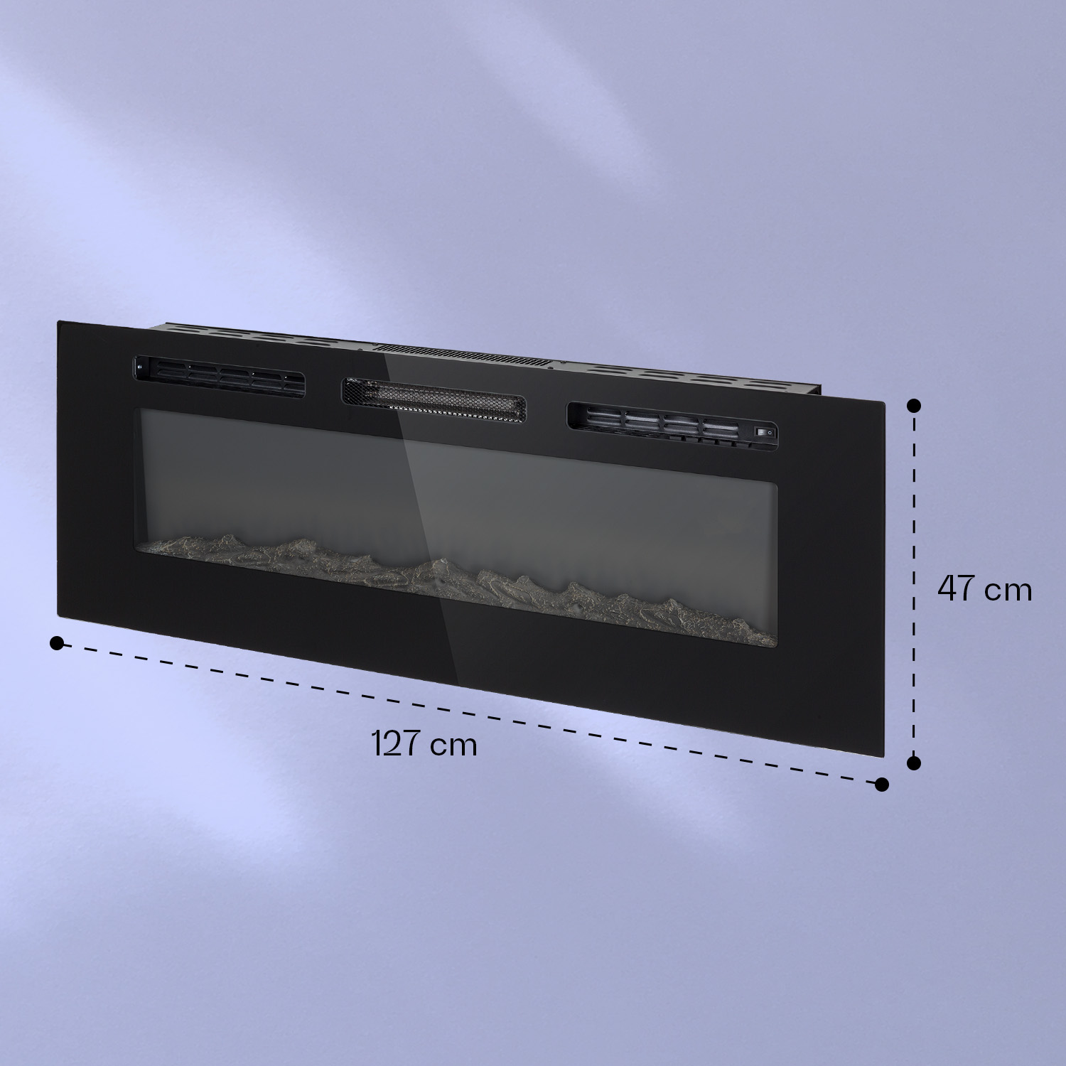 Ein schwarzer elektrischer Kamin mit Glasfront, 127 cm breit und 47 cm hoch. Er hat Lüftungsschlitze und einen dekorativen Flammeneffekt.