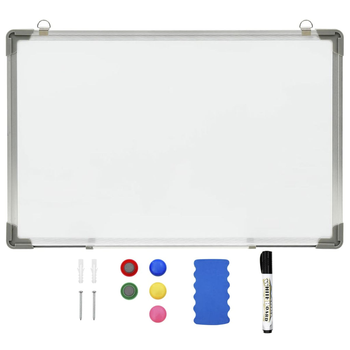 Eine Tafel mit silbernem Rahmen und Zubehör: Magnete, Radiergummi und ein Marker. Schrauben und Wanddübel sind ebenfalls enthalten.