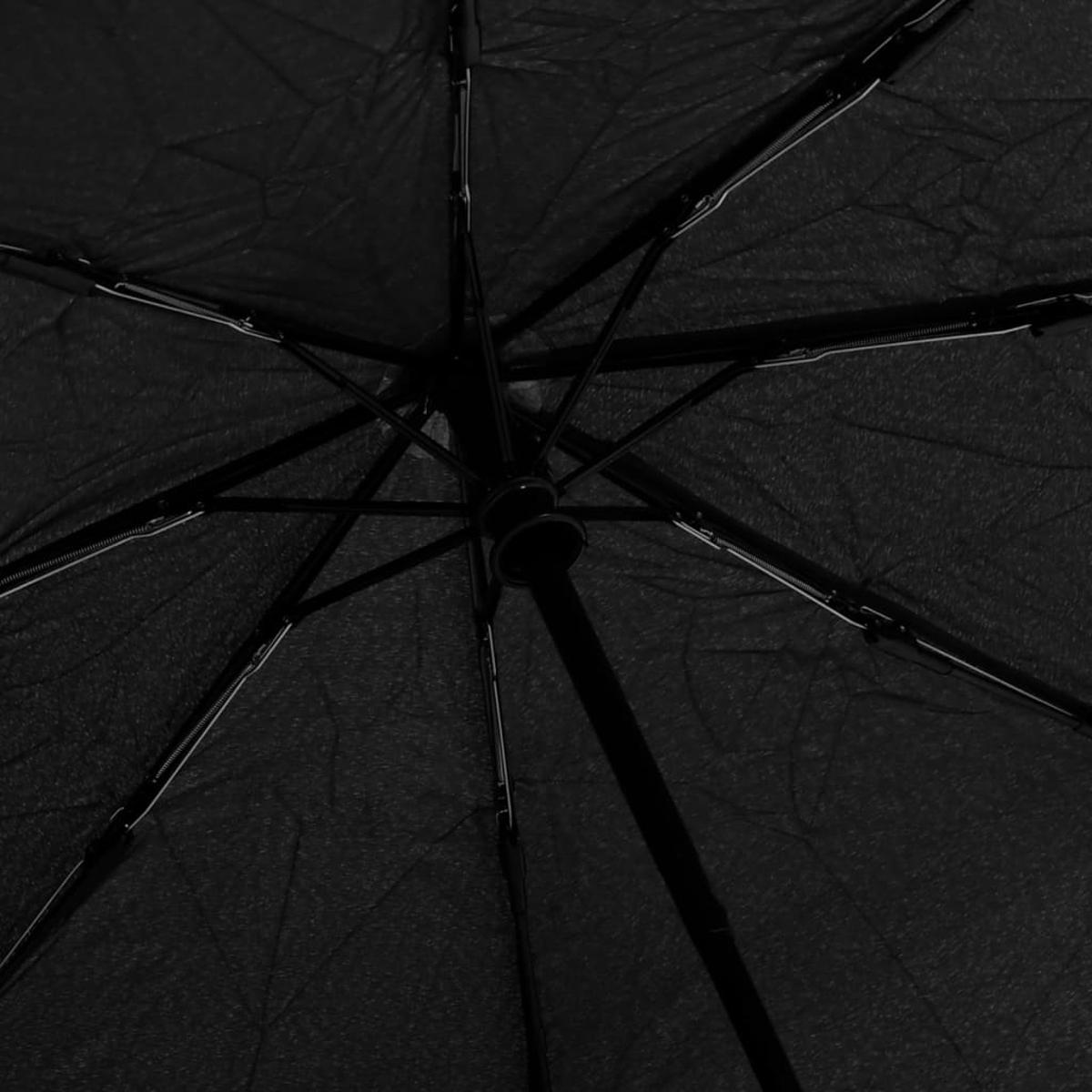 Ansicht von unten eines schwarzen Regenschirms. Rippen und Mittelpfosten sind sichtbar. Der Schirmstoff hat eine strukturierte Oberfläche.