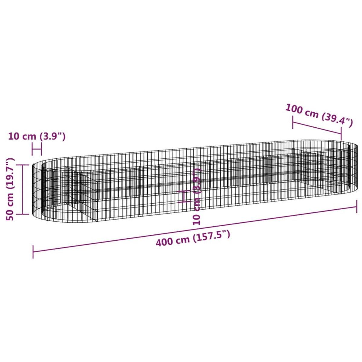 Ein Drahtzaun mit Maßangaben. Der Zaun ist 400 cm lang, 100 cm breit und 50 cm hoch. Messungen werden angezeigt.