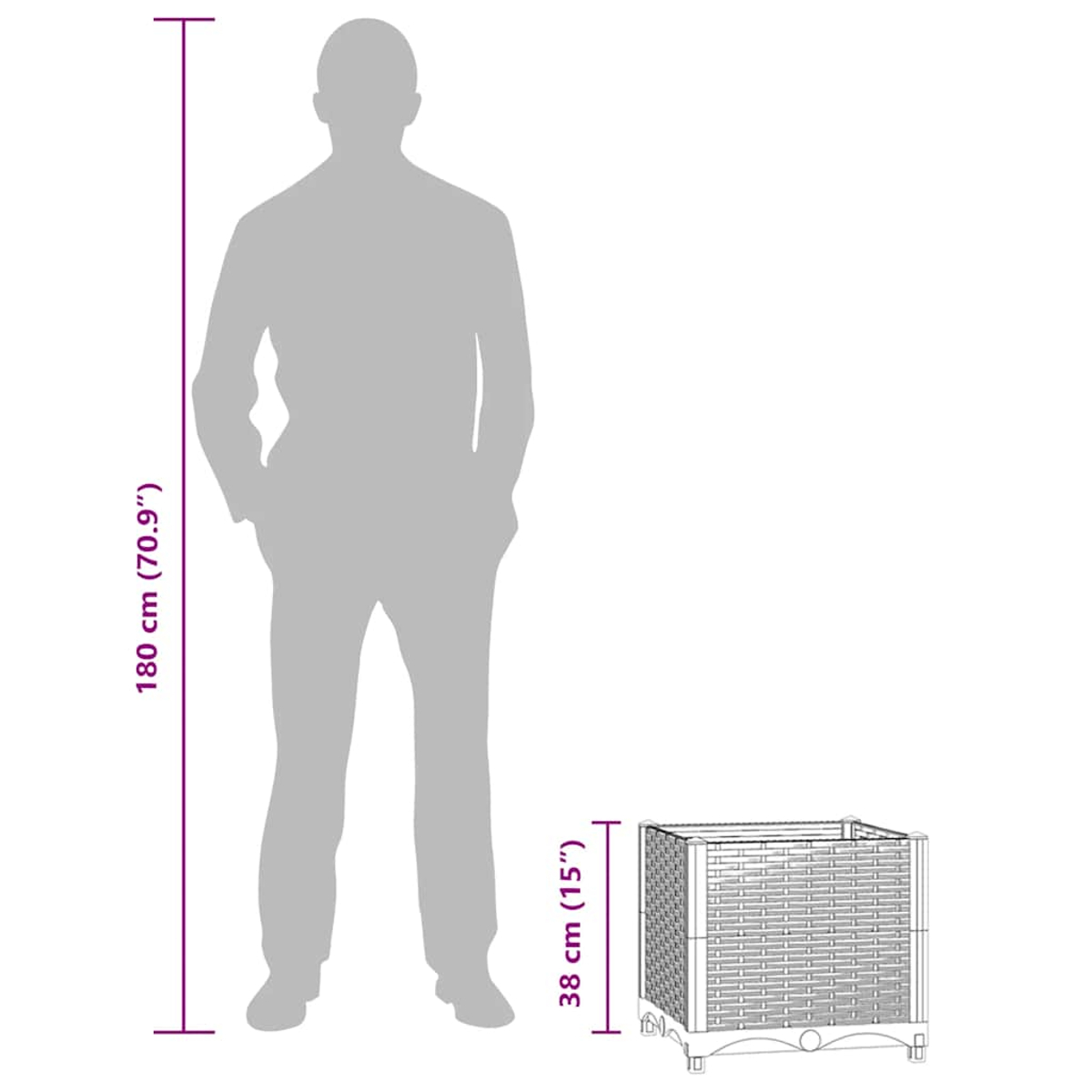 Eine graue Silhouette einer Person steht neben einem geflochtenen Korb. Die Person ist 180 cm groß. Der Korb ist 38 cm hoch.