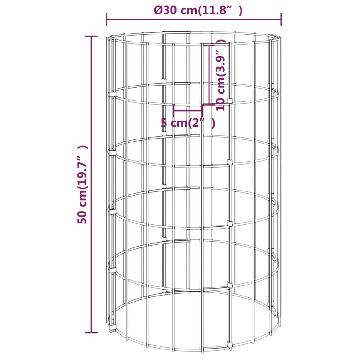 Ein Drahtrahmen zylindrischer Pflanzenstützkäfig. Abmessungen sind beschriftet: 30 cm Durchmesser, 50 cm Höhe. Maße in cm und Zoll sind angegeben.
