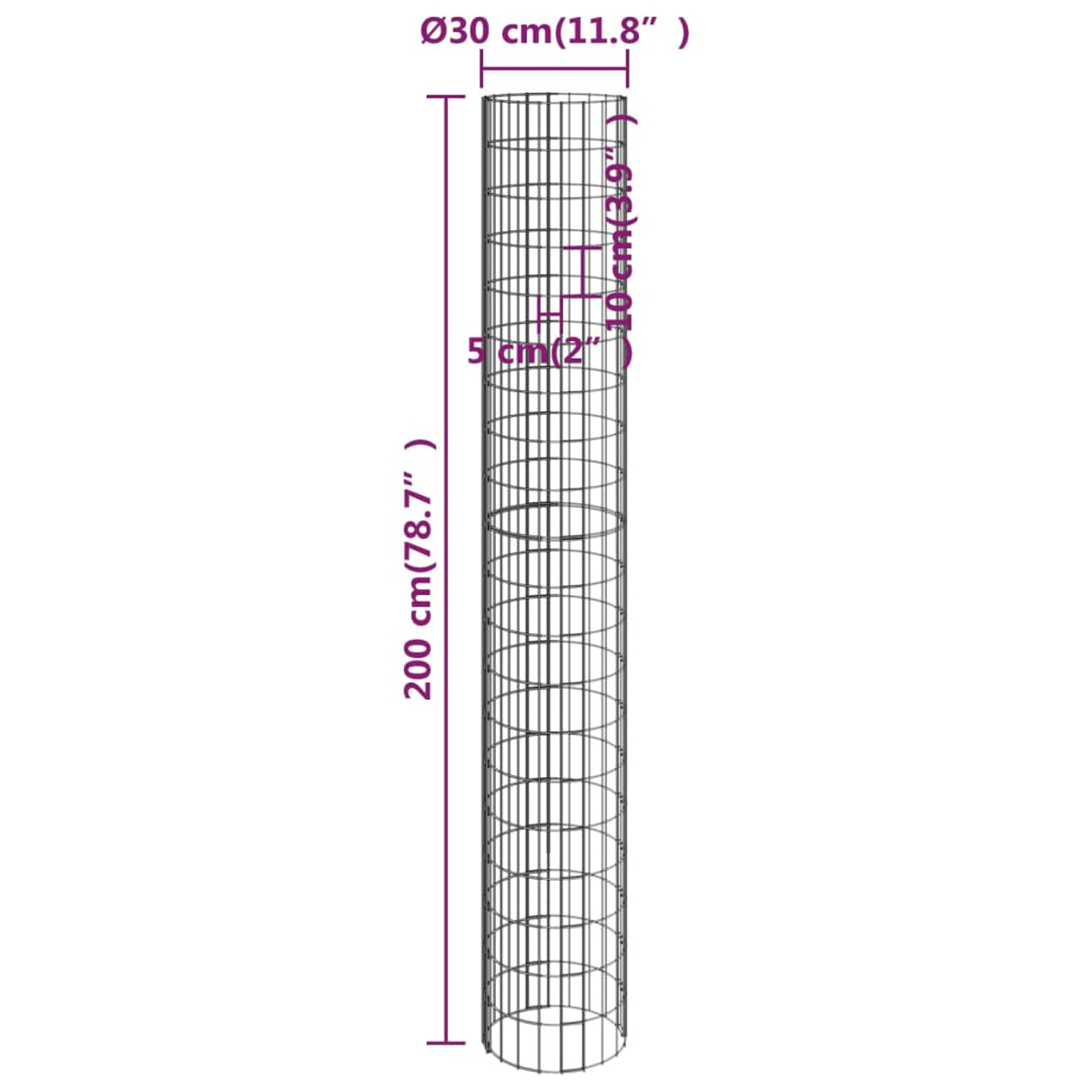 Ein zylindrischer Metall-Drahtrahmen, mit angegebenen Abmessungen: 200 cm Höhe, 30 cm Durchmesser und Innendetails von 5 cm und 10 cm Abschnitten.