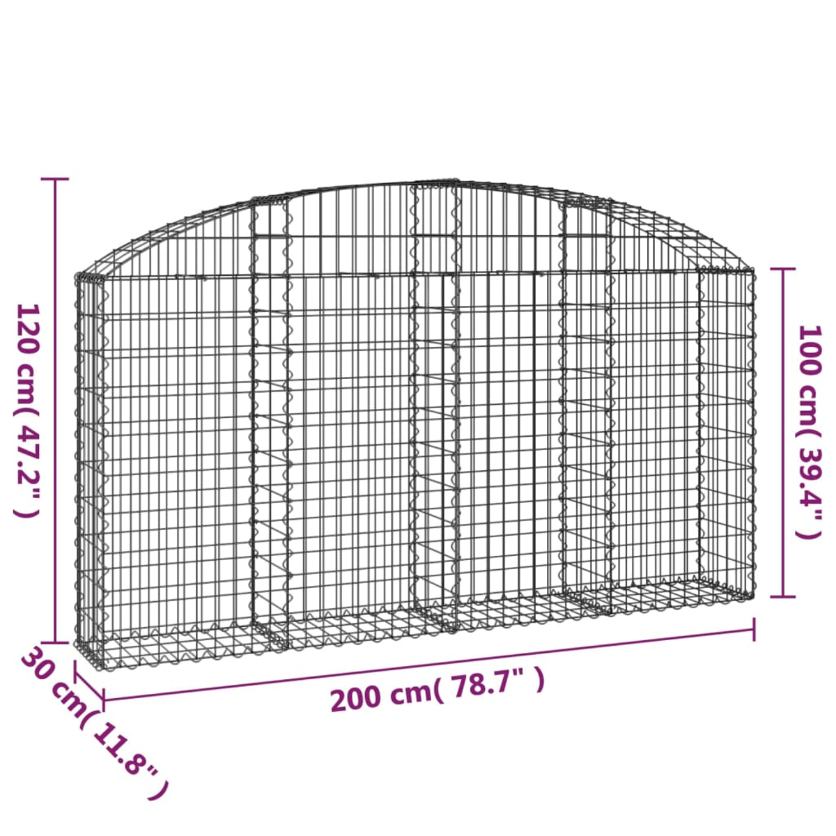 Ein Metall-Gabionenkäfig mit Abmessungen. Der Käfig ist 200 cm lang, 120 cm hoch und 100 cm breit. Er besteht aus Drahtgeflecht.
