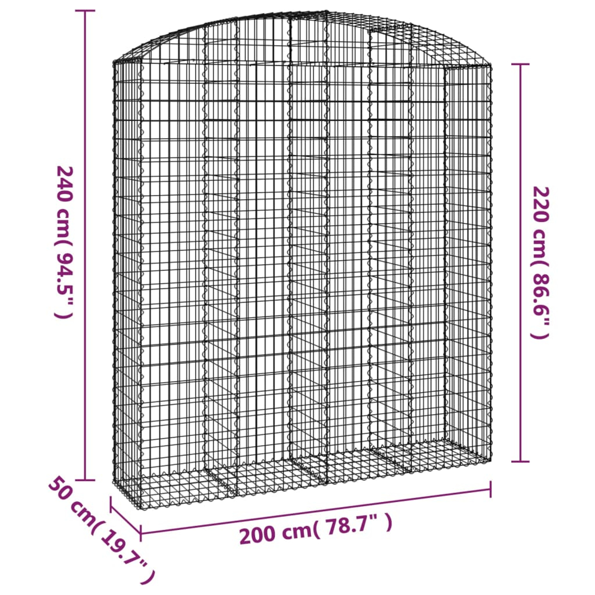 Ein Metall-Gabionenkäfig mit den angegebenen Abmessungen: 240 cm hoch, 200 cm breit und 50 cm tief. Er ist dunkel und hat eine gewölbte Oberseite.