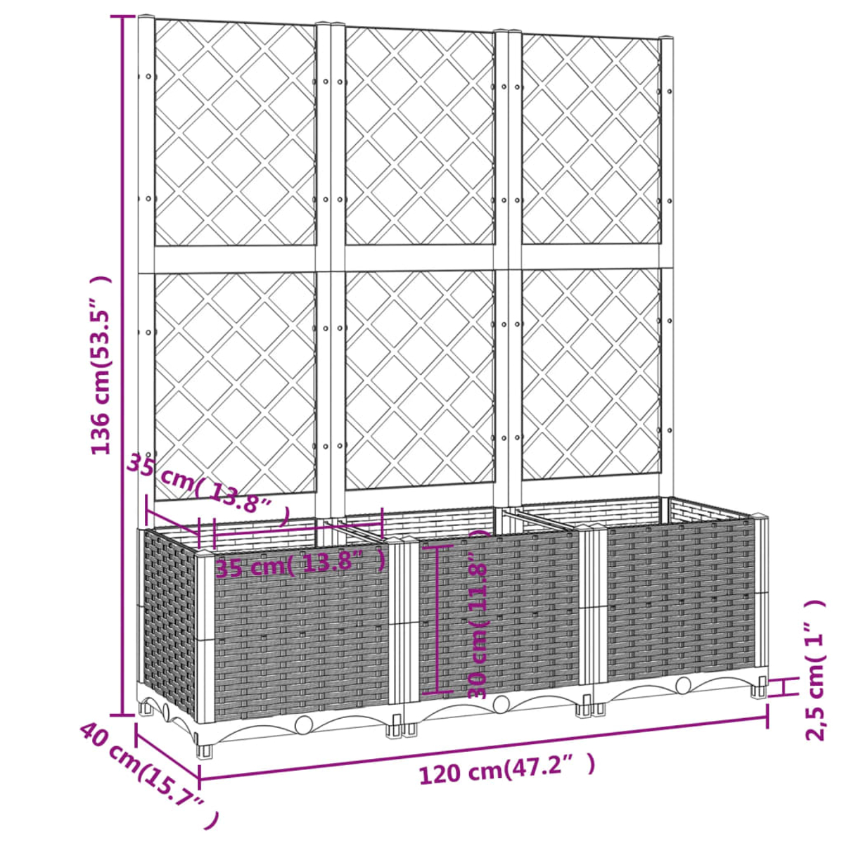 Pflanzgefäß mit Gitterrückwand. Das Pflanzgefäß ist grau und rechteckig, mit drei Abschnitten. Die Rückseite hat ein Diamantgittermuster.