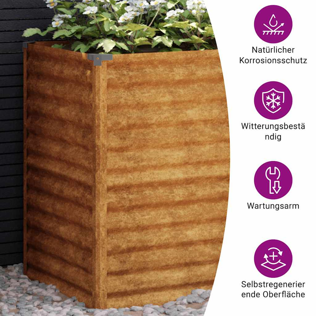 Braune Holzpflanzkasten mit weißen Blumen oben. Lila Symbole an der Seite beschreiben Funktionen.