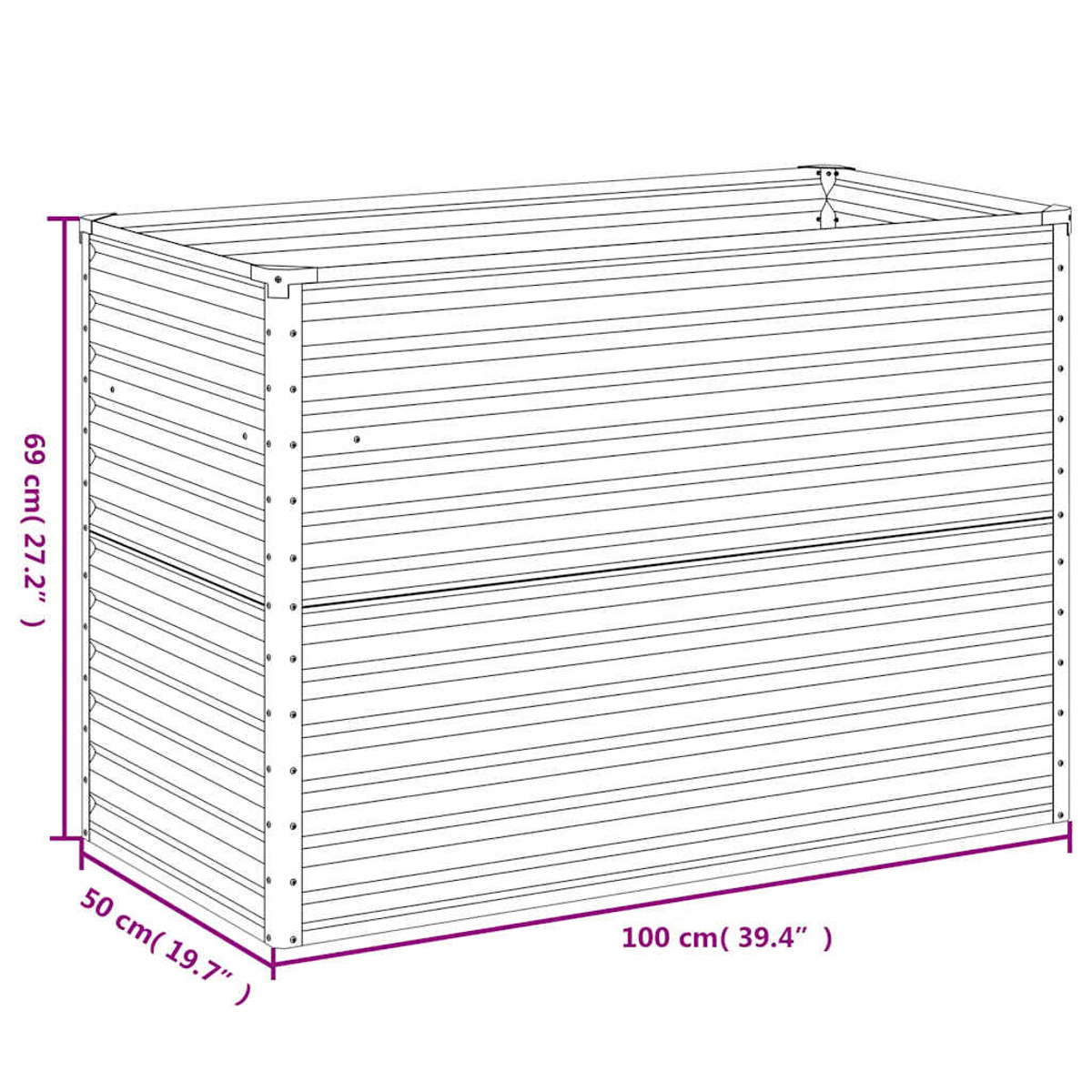 Eine rechteckige Pflanzkasten aus Holz mit horizontalen Lamellen. Abmessungen sind angegeben: 100 cm, 69 cm und 50 cm. Die Box ist leer.