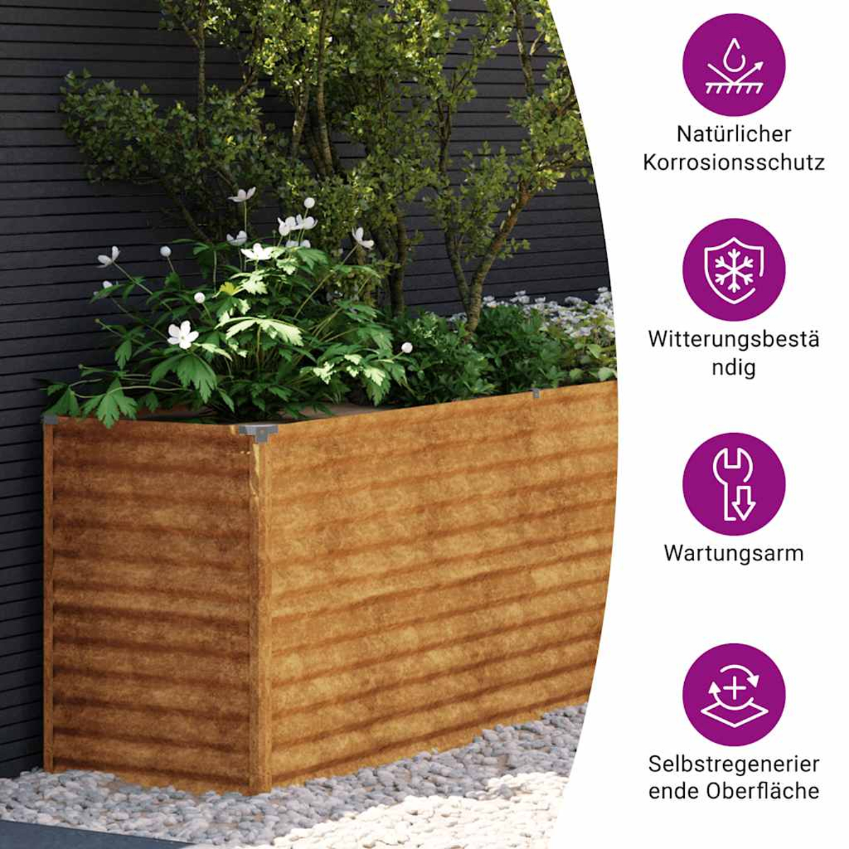 Ein rechteckiger brauner Pflanzkasten mit Pflanzen und weißen Blüten. Der Hintergrund ist ein dunkler Zaun und grünes Laub. Lila Symbole rechts.