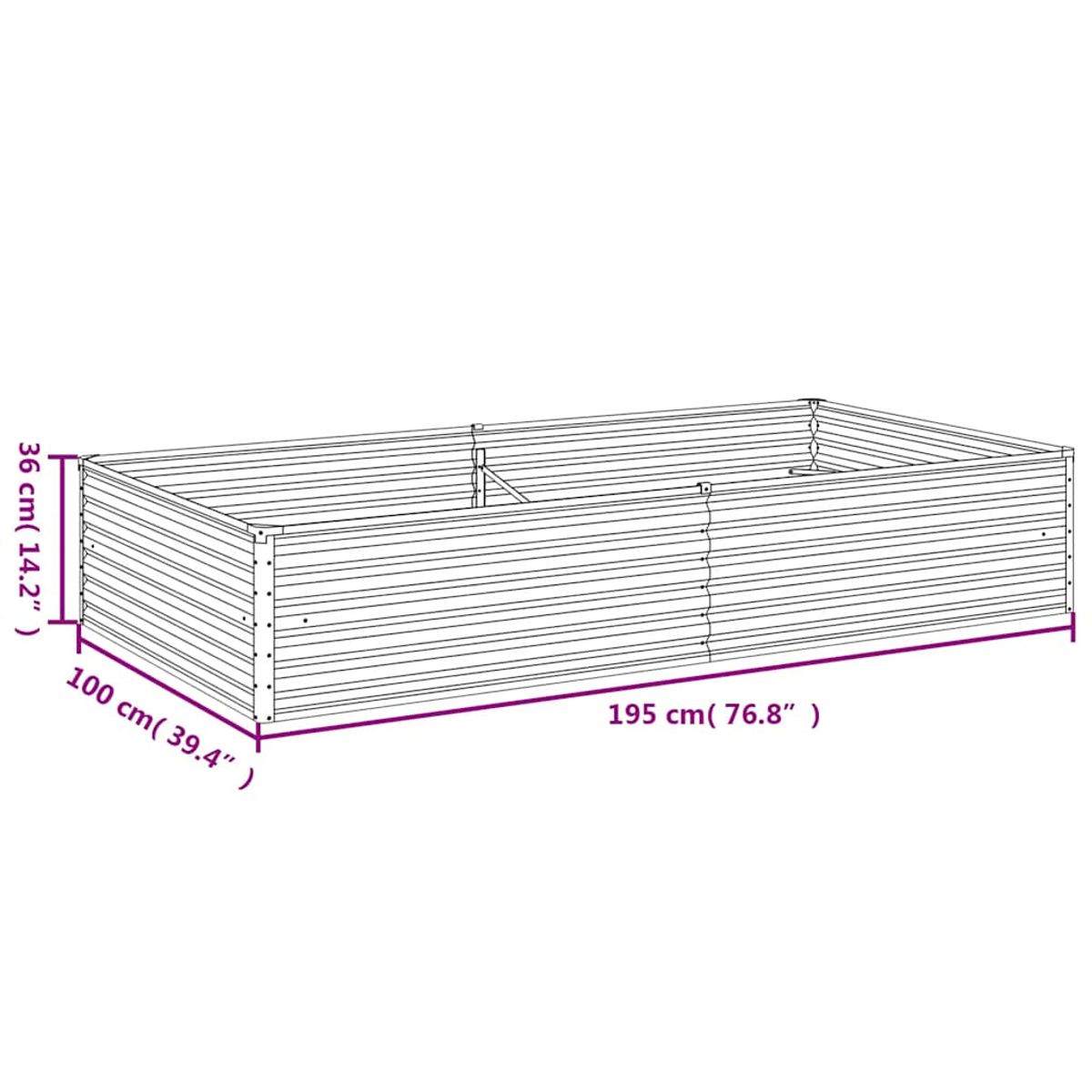 Erhöhtes Gartenbeet aus Metall, Abmessungen sind 195 cm x 100 cm x 36 cm. Das Beet ist leer und hat horizontale Linien an den Seiten.