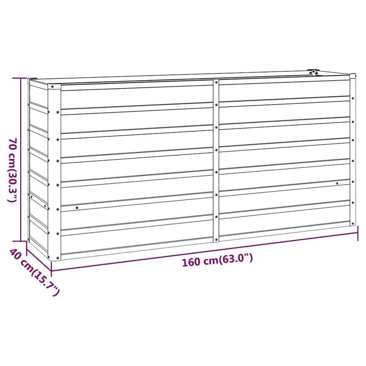 Illustration eines rechteckigen, horizontal ausgerichteten Holzaufbewahrungselements. Abmessungen: 160x70x40 cm.