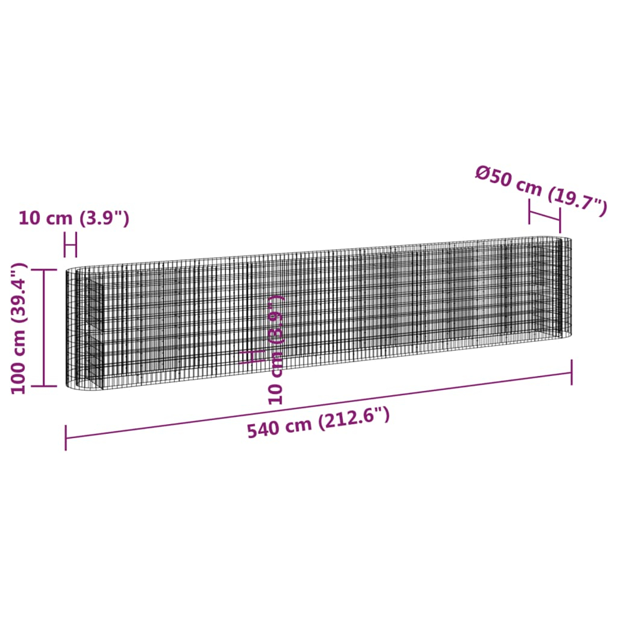 Ein Drahtrahmen-Rechteck mit den Maßen: 540 cm lang, 100 cm hoch, 10 cm dick und 50 cm Durchmesser.