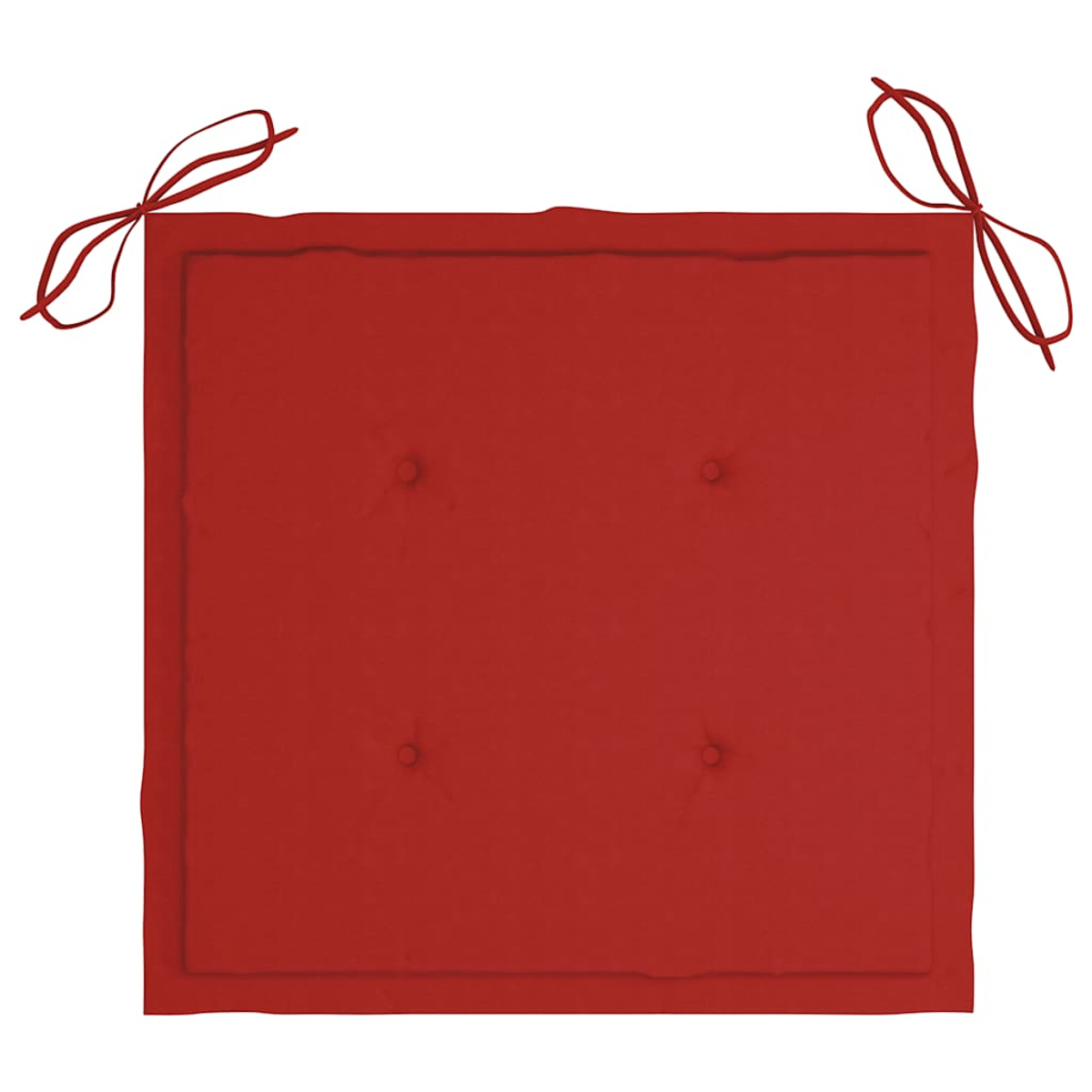 Ein rotes Kissen mit vier Knopfdetails. Es hat Bindebänder an zwei Ecken. Das Kissen ist quadratisch auf weißem Hintergrund.