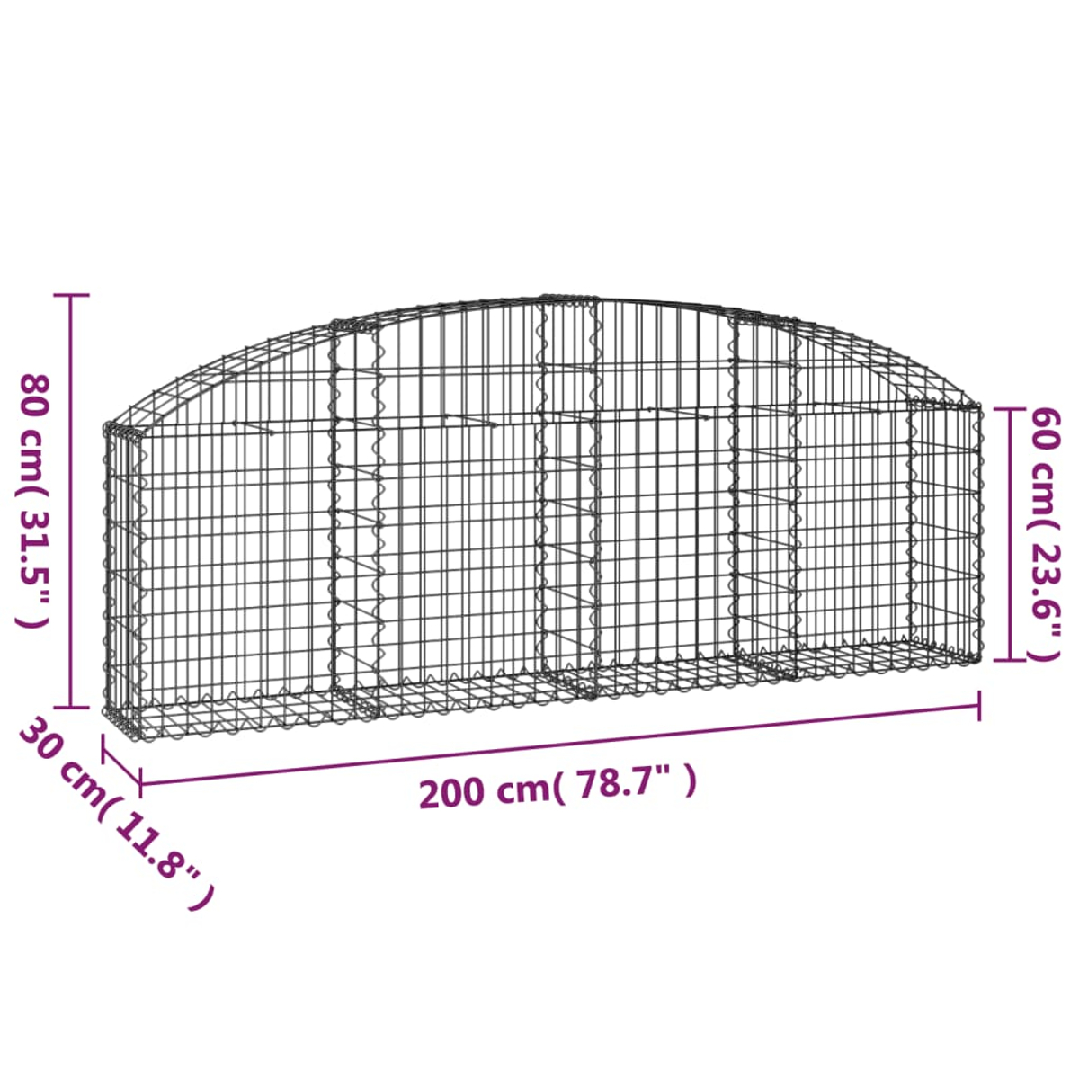 Ein schwarzer Metallgabion, oben bogenförmig, mit beschrifteten Abmessungen. Er ist 200 cm lang, 80 cm hoch, 60 cm tief und 30 cm breit.
