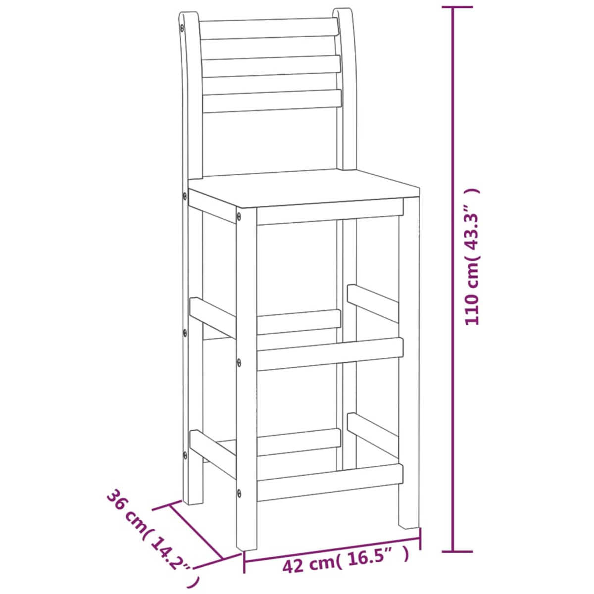 Ein Holz-Barhocker wird gezeigt. Abmessungen sind angegeben: 110 cm hoch, 42 cm breit und 36 cm tief. Der Hocker hat eine Rückenlehne und Fußstützen.