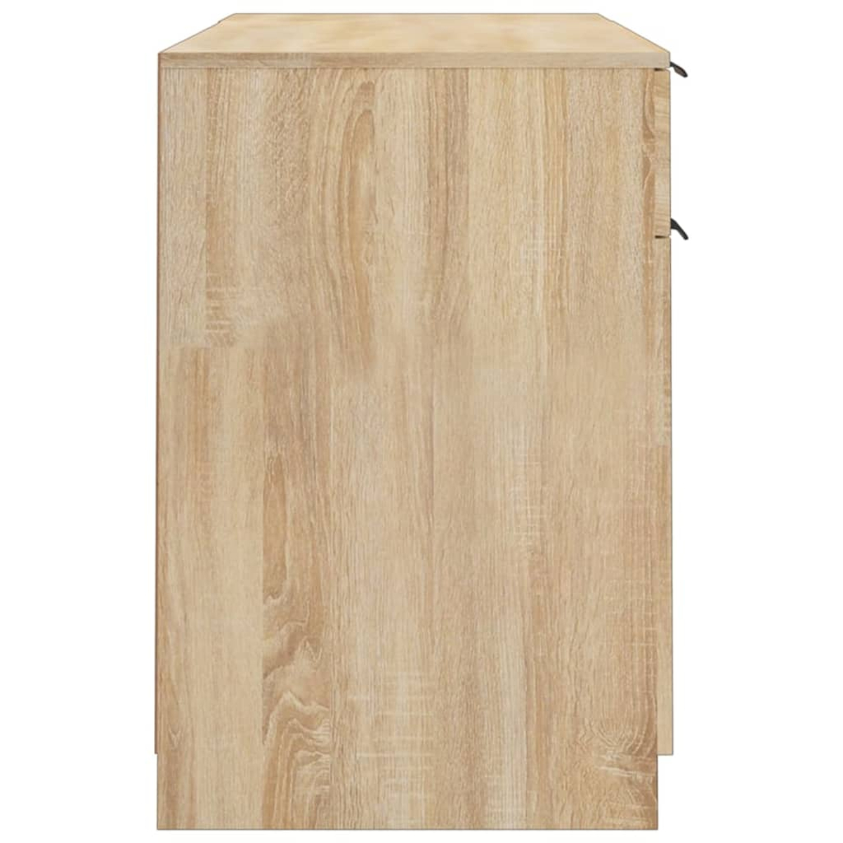 Ein hellbrauner Holzschrank, von der Seite gesehen. Er hat eine rechteckige Form mit sichtbarer Holzmaserung. Zwei schwarze Griffe sind sichtbar.